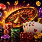A collection of poker chips, playing cards, and a roulette wheel with gold coins in the background.
