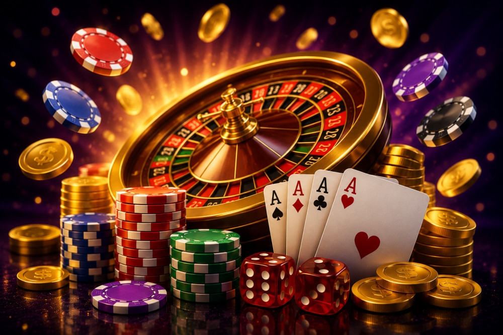 A collection of poker chips, playing cards, and a roulette wheel with gold coins in the background.